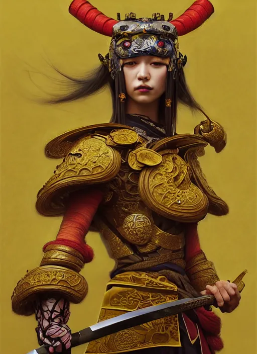 Image similar to a anthropomorphic banana wearing samurai armor, diffuse lighting, fantasy, intricate, elegant, highly detailed, lifelike, photorealistic, digital painting, artstation, illustration, concept art, smooth, sharp focus, art by john collier and albert aublet and krenz cushart and artem demura and alphonse mucha