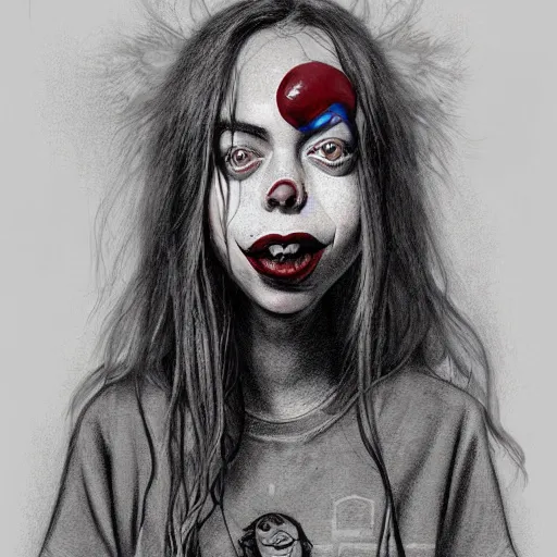 Image similar to surrealism grunge cartoon portrait sketch of billie eilish with a wide smile by - michael karcz, loony toons style, pennywise style, horror theme, detailed, elegant, intricate