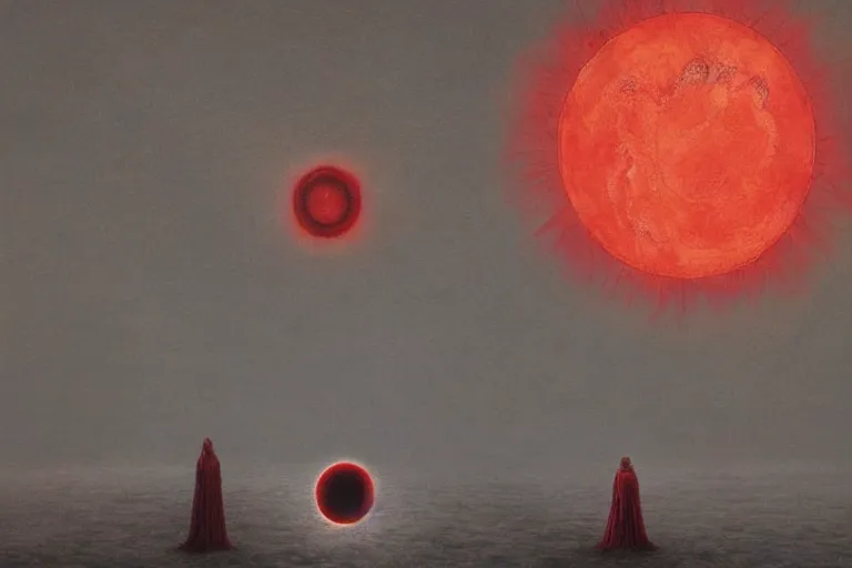 Image similar to people activate behelit in the middle of eclipse, human sacrifice , Old testament angel, dark sky, red cloud, sea of blood, beksinski