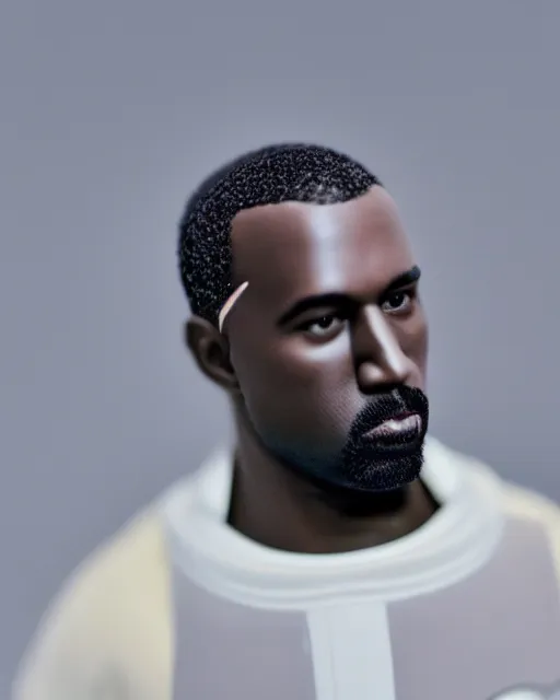Image similar to 1970s action figure of Kanye West, product photography, plastic toy, white background, isolated background, studio lighting