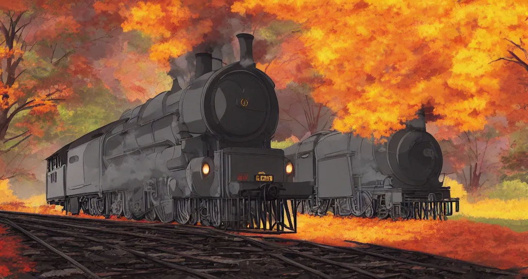 Image similar to side view of a steam train in the distance, autumn light, smoke, beautiful, by studio ghibli, by tomono yoshiyuki, digital art, concept art, smooth, sharp focus, illustration