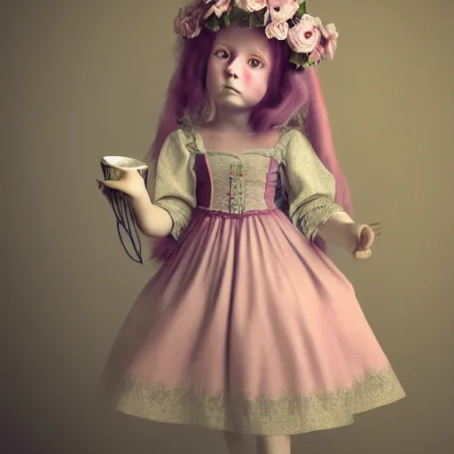 Image similar to 8 k, octane render, realism, tonalism, renaissance, rococo, baroque, cotton candy, portrait of a creepy young lady wearing long 7 0 s babydoll dress with flowers and skulls