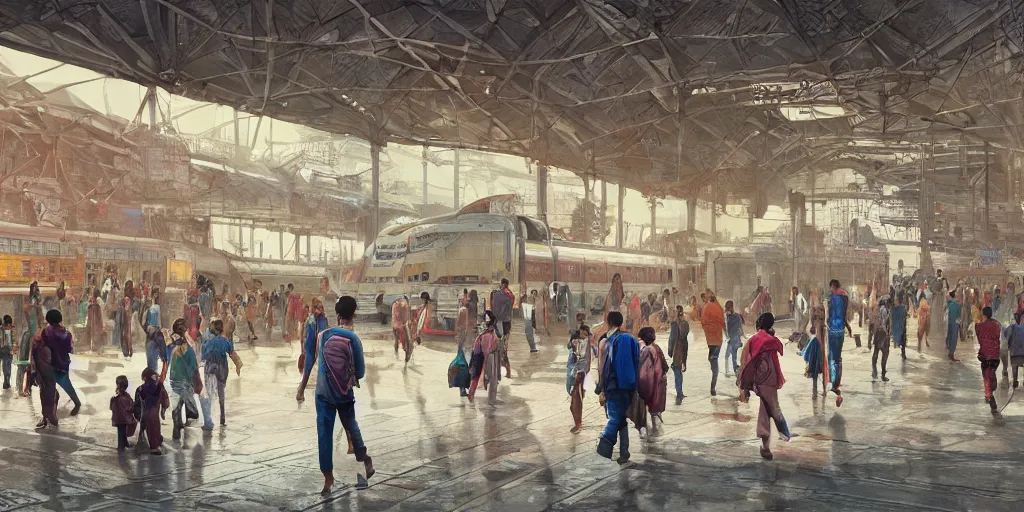 Prompt: cinematic movie scene, establishing shot, precise architectural rendering, interior of an india railway station, bustling with people, detailed illustration, sharp focus, concept art, unreal engine, octane render, aesthetic