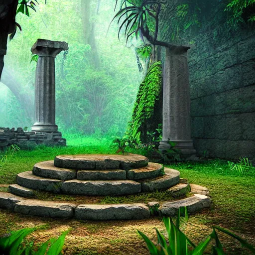Image similar to ancient greek temple ruins in a lush rainforest, photorealistic, cinematic, filmic, volumetric lighting