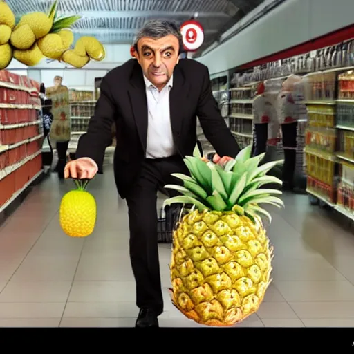 Image similar to rowan atkinson as mr. beans stealing a pineapple from target store, focused face, realistic photo, uhd