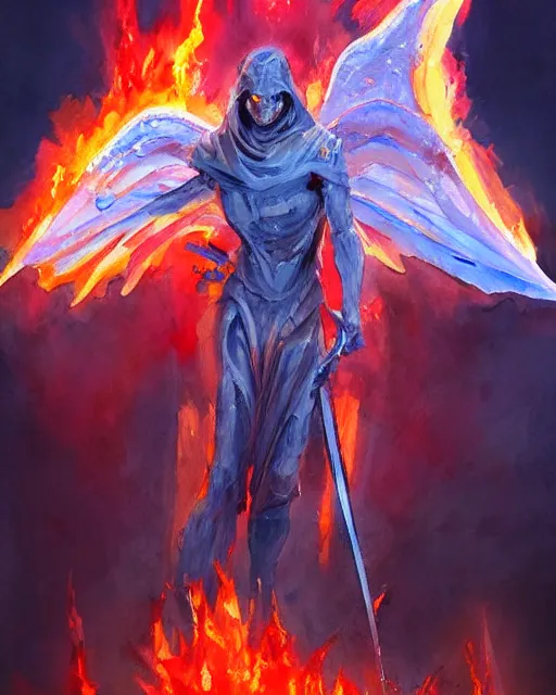 Image similar to a oil / watercolor painting full body character portrait of a demonic angel wielding a broken sword coated in fire in the style of moebius in the style of leonard boyarsky trending on artstation deviantart pinterest detailed photorealistic highlights and shadow hd 8 k post - processing high resolution