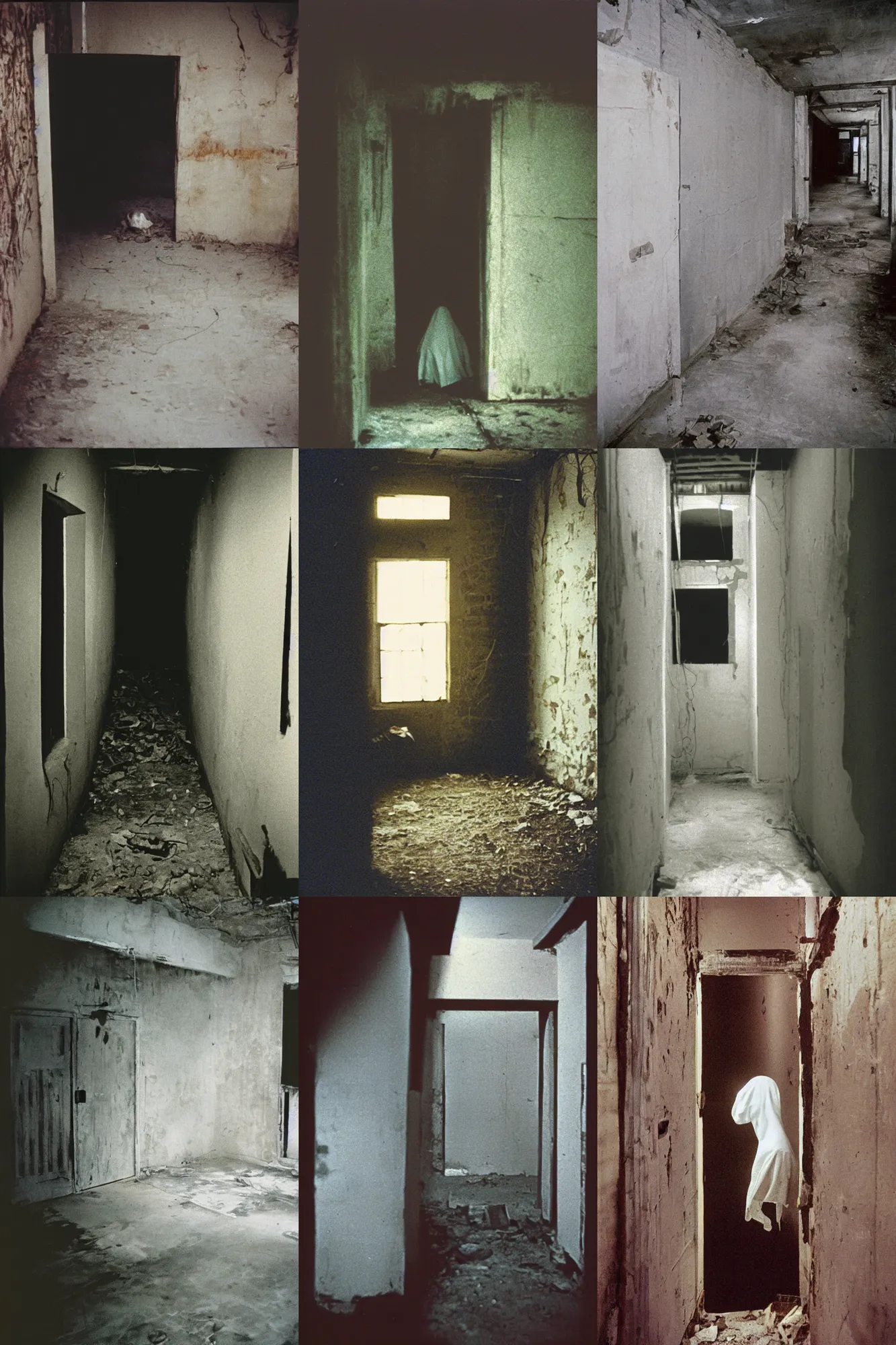 Prompt: color photograph, view from behind, a ghost in the empty basement, 1 9 9 0 photograph magazine