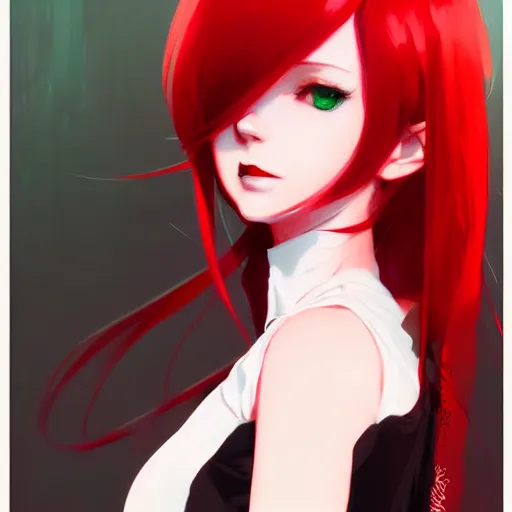 Image similar to elegent girl with red hair and green eyes, wearing a white dress, red and black color palette, in the style of and ilya kuvshinov and greg rutkowski, high quality anime artstyle, intricate