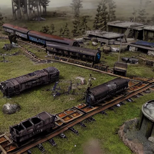 Image similar to a anthromorphic train post-apocalyptic miniatures wargame Photorealistic HD 8k highlights and shadow detailed High Resolution