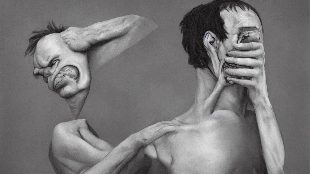 Prompt: surrealism lacking portrait of a crying young dude 2 7 years old, with violence