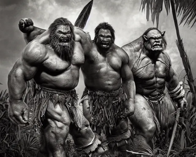 Image similar to hyper realistic group vintage photograph of a live action warcraft orc warrior tribe in the jungle, tall, hulk like physique, detailed faces, tribal paint, tribal armor, grain, old, monochrome, sepia toned, realistic lighting, wide angle