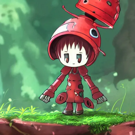 Image similar to cute little robot with tomato hat and a shive sword, made in abyss style, standing on a forest