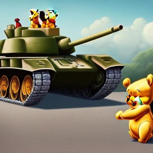 Prompt: winnie the pooh at tiananmen square sitting down on road in front of line of chinese tanks, award winning photography, extremely detailed, artstation, 8 k, sensual lighting, incredible art, wlop, artgerm
