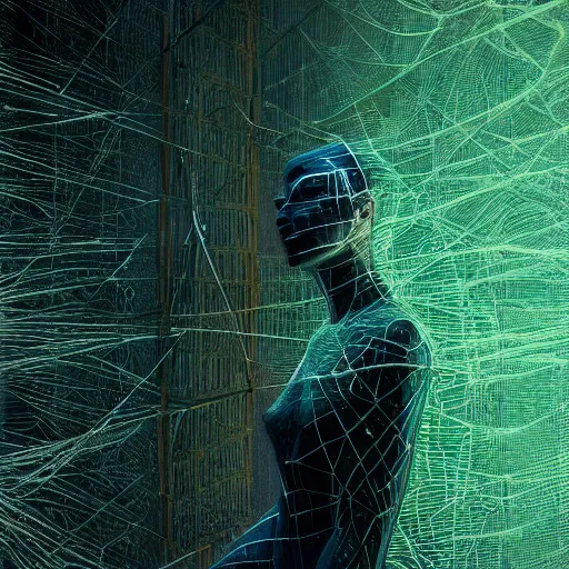 Image similar to Woman, body covered in spiky tesseract-shaped ice crystals on skin, 150mm, shiny, flat background, glowing, wires everywhere, by Edgar Maxence and Ross Tran, Zdzisław Beksiński, and Michael Whelan, distant, gustav dore, H.R. Giger, 8k, octane render