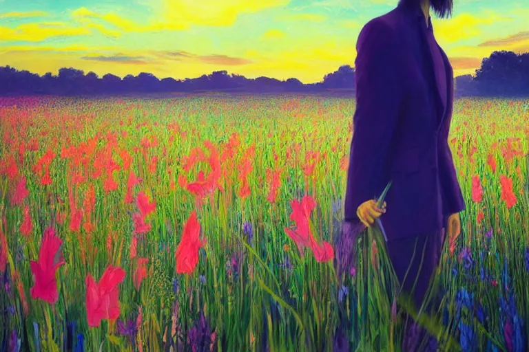 Image similar to closeup, giant gladiola flower head, girl in suit walking in field of flowers, surreal photography, sunrise, blue sky, dramatic light, impressionist painting, digital painting, artstation, simon stalenhag