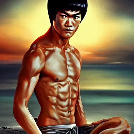 Image similar to bruce lee meditating on beach, extremely detailed, artstation, 8 k, sensual lighting, incredible art, wlop, artgerm