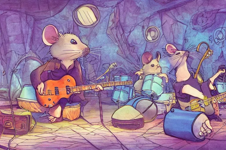 Image similar to rats playing in a rock band inspired by the beatles, beautiful, dreamlike, wholesome, ghibli and disney animation, sharp, intricated, art by ken anderson and mel shaw, bloom, dramatic lighting, brown palette,