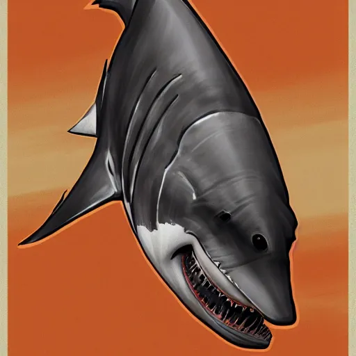 Prompt: great white shark, side view, with a conical orange traffic cone on its dorsal fin - ron cheng & alphonse mucha, highly detailed, digital painting, ray tracing, concept art, illustration, smooth sharp focus, intricate, symmetry, artstation,