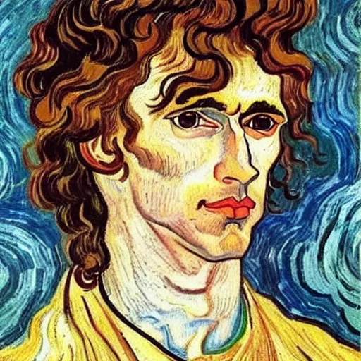 Image similar to painting of handsome beautiful dark medium wavy hair man in his 2 0 s, dressed as an oracle he has a vision for the future!! looking upward to the heavens above!! slight smile, foreseeing the future!! elegant, clear, painting, highly stylized, art by vincent van gogh, egon schiele