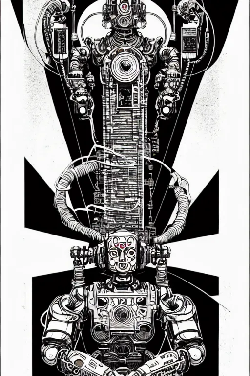 Image similar to blank ink and pen illustration of a cyborg robot 1000 arm Avalokiteshvara , golden ratio, character concept art by character concept art by Shepard Fairey, james jean, Mike Mignola, Laurie Greasley, highly detailed, sharp focus, sharp linework, clean strokes, motherboard, Artstation, deviantart, artgem