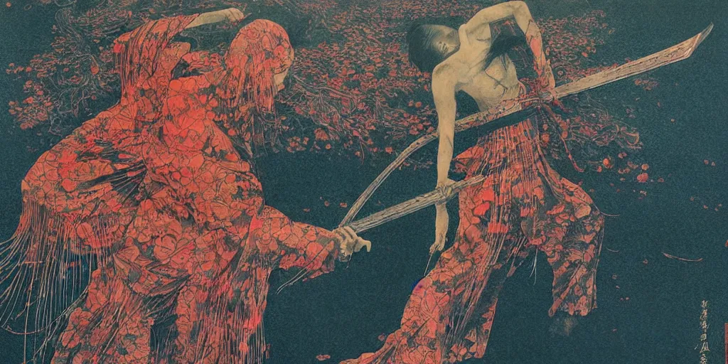 Image similar to Japanese schoolgirl runs away from Samurai with a katana on the subway, high detailed Beksinski painting, part by Adrian Ghenie and Gerhard Richter. art by Takato Yamamoto. deep colours, blue