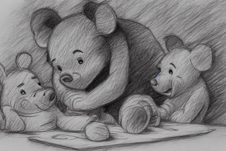 Prompt: winnie the pooh and tigger eating piglet, pencil sketch, high detail, hyper realistic,