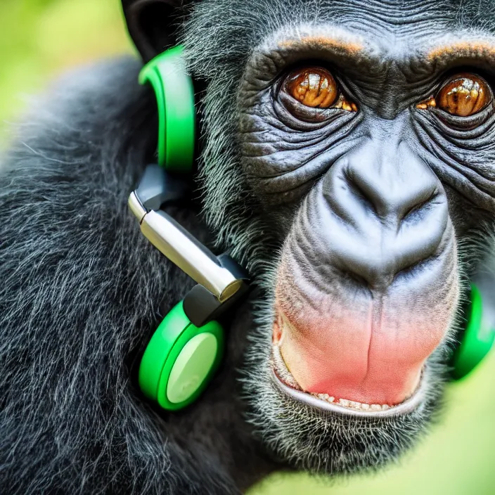 Image similar to a high quality photo of a green chimp wearing headphones, realism, 8k