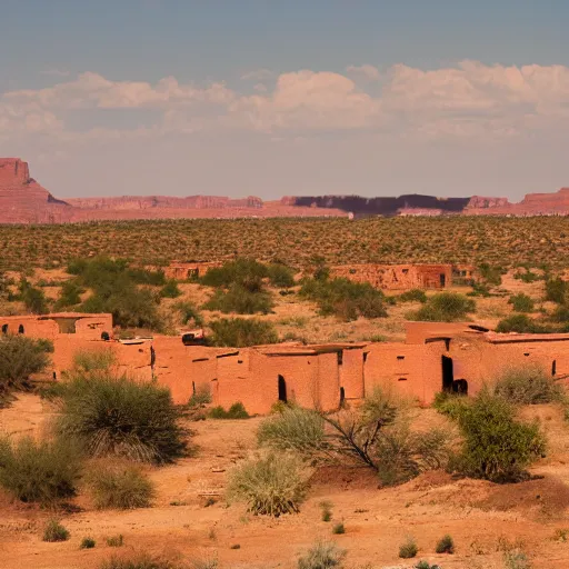 Image similar to A village of mud and bricks houses perched on top a wide mesa, in the Arizona desert. Scenic view, trending on 500px