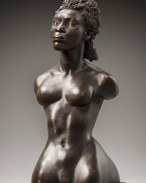 Image similar to a full figure rubber sculpture of a beautiful african warrior woman, head of a lion, by Michelangelo, dramatic lighting, wide angle lens