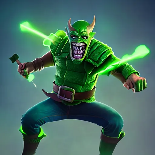 Image similar to clash royale green goblin, by tom bagshaw and ilya kuvshinov, rtx rendering, octane render 1 2 8 k, maya, extreme high intricate details by wlop, digital anime art by ross tran, medium shot, composition by sana takeda, dramatic lighting by greg rutkowski