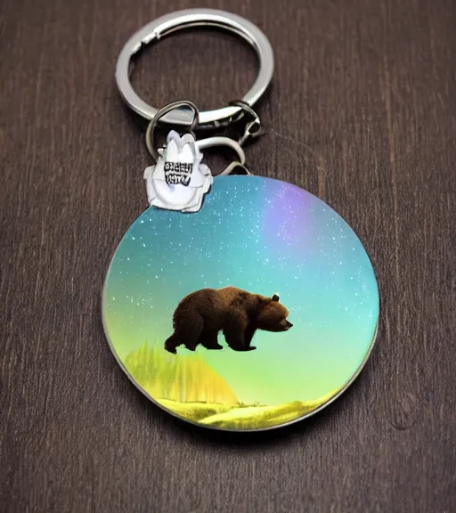 Image similar to realistic keychain of a bear eating a salmon under the northern lights