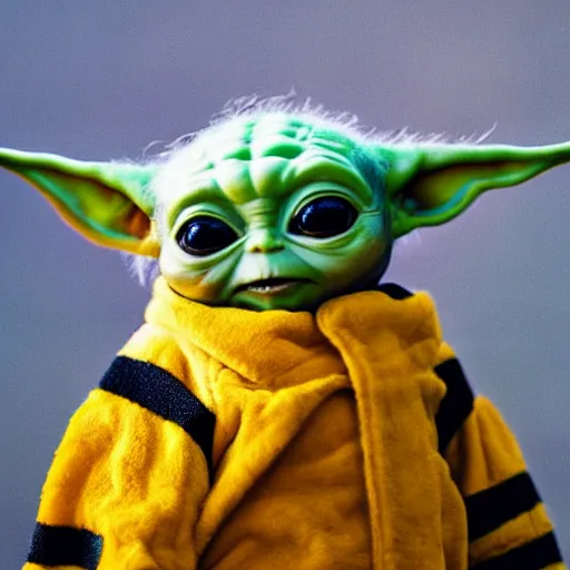 Image similar to baby yoda in a bumble bee costume, 8k selfie photograph