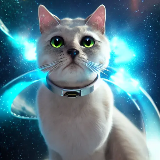 Image similar to space cat opens portal to another dimension, stars, octane render, cinematic lighting, dynamic, high detail, artstation, silver highlights