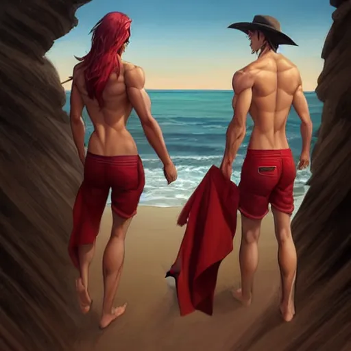 Image similar to a male horse humanoid standing on the beach,wearing red shorts,anthropomorphic,Character design by charlie bowater, artgerm, and makoto shinkai, detailed, inked, western comic book art, 2021 award winning painting,digital art,ultra realistic,ultra detailed,art by greg rutkowski,muscular,detailed face,hyperdetailed,hyperrealistic,detailed face,photorealistic,realistic,4k,SFW