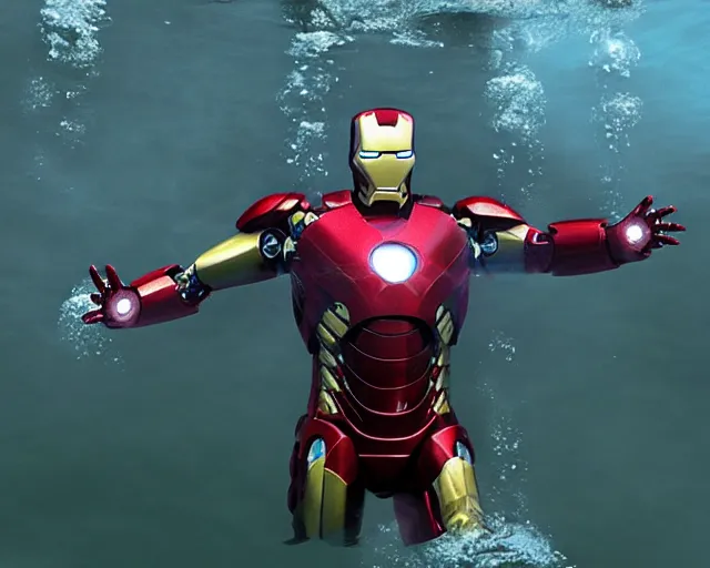 Image similar to iron man submerged under water, cinematic, photoreal, by red dead redemption 2