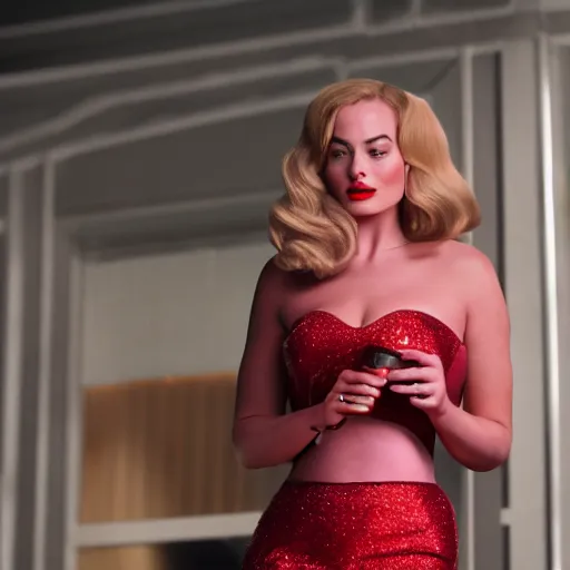 Image similar to Margot Robbie as Jessica Rabbit, still from a live action movie, 50mm, f2.8, panavision, cinematography