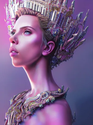 Image similar to pink portrait of beautiful female angel queen Scarlett Johansson head wearing shiny pink crown, subtle purple accents, hyper details, black metal rococo, sculpted by Alex Alice, Craig Mullins, yoji shinkawa, trending on artstation, beautifully lit, Peter mohrbacher, hyper detailed, insane details, intricate, elite, elegant, luxury, ray of light through smoke, CGsociety, hypermaximalist, golden ratio, volumetric, octane render, weta digital, micro details, 3d sculpture