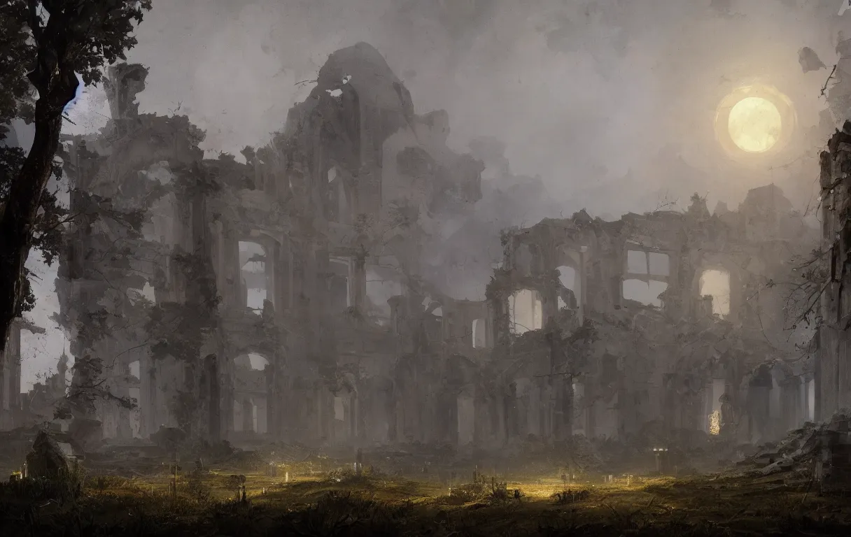 Prompt: A digital painting of a close-up view of abandonned ruins, some dim moonlight, by Ismail Inceoglu and Caspar David Friedrich, stunning, photorealistic, highly-detailed, 4k, ue5, light effect, rtx on, realistic, cinematic, IMAX quality, trending on artstation