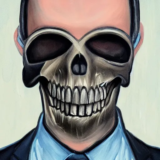 Prompt: portrait of a suited blond with medical gloves and a skull face mask.