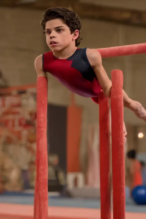 Prompt: young jake t. austin doing gymnastics, red weapon 8 k s 3 5, cooke anamorphic / i lenses, highly detailed, cinematic lighting