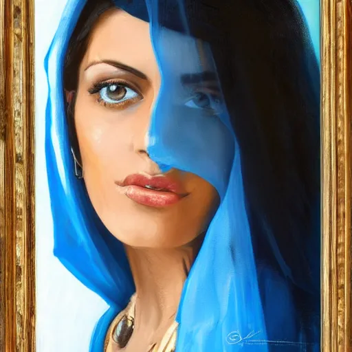 Prompt: young Monica Belluci as an Arab woman, tanned skintone, bright blue eyes, white transparent veil, glare face, light blue dress portrait, painting