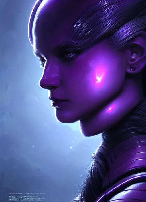 Image similar to top down lighting, extreme close up, stunning portrait of a woman in purple leather future armor with a long black ponytail, purple eye, glowing with void energy, spaceship hallway, intricate, mood lighting, highly detailed, digital painting, artstation, concept art, smooth, sharp focus, illustration, art by wlop, mars ravelo and greg rutkowski