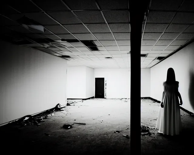 Image similar to creepy woman wearing white dress standing in the backrooms, the eerie forlorn atmosphere of a place that's usually bustling with people but is now abandoned and quiet, buzzing fluorescent lights above the ceiling, unsettling images, liminal space, dark,