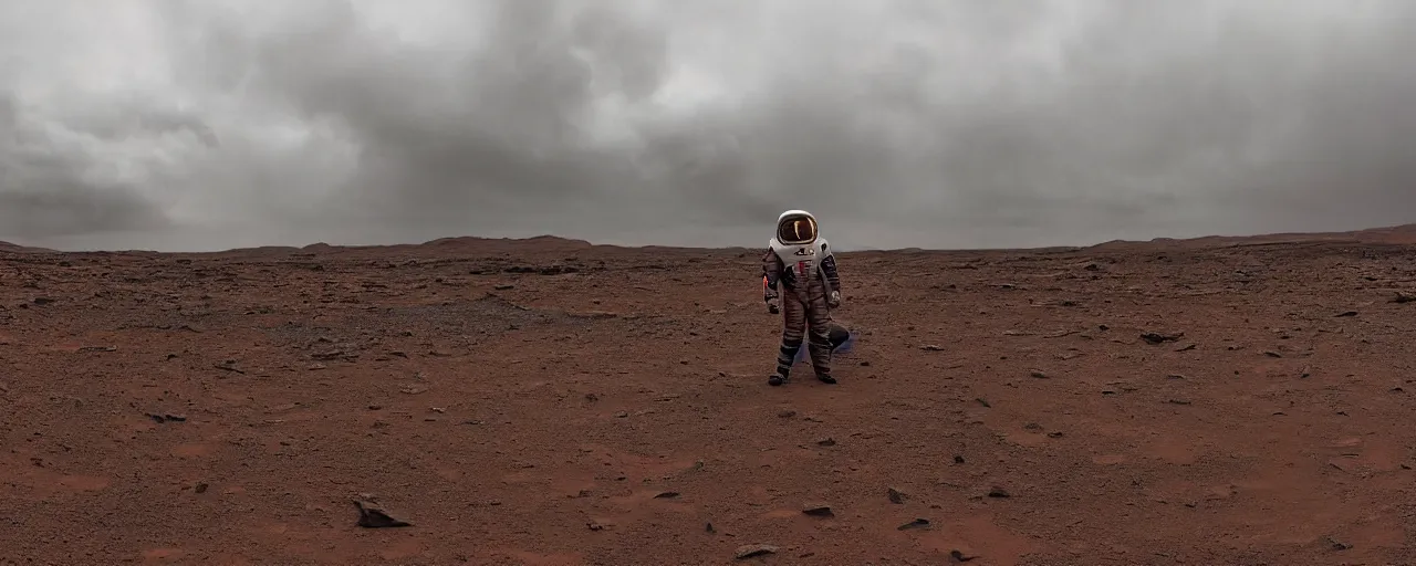 Prompt: a professional photo of Elon Musk walking on Mars planet wearing a space suit, windy and stormy weather