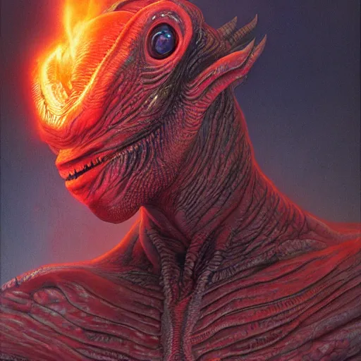 Prompt: realistic alien with horns. red eyes, human eyes, background flames, by wayne barlowe