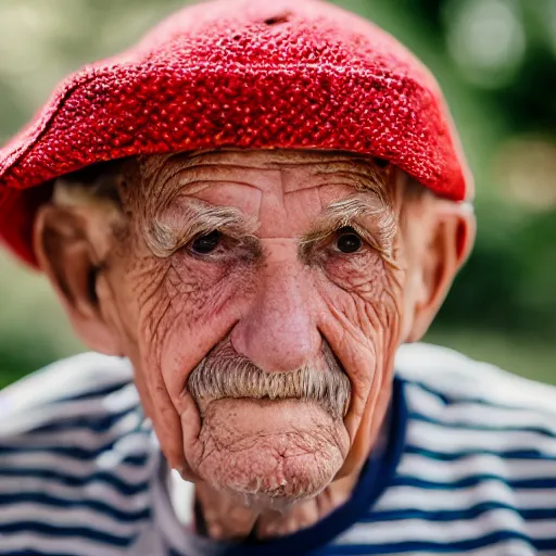 Image similar to elderly man wearing a hat made from spaghetti, Canon EOS R3, f/1.4, ISO 200, 1/160s, 8K, RAW, unedited, symmetrical balance, in-frame