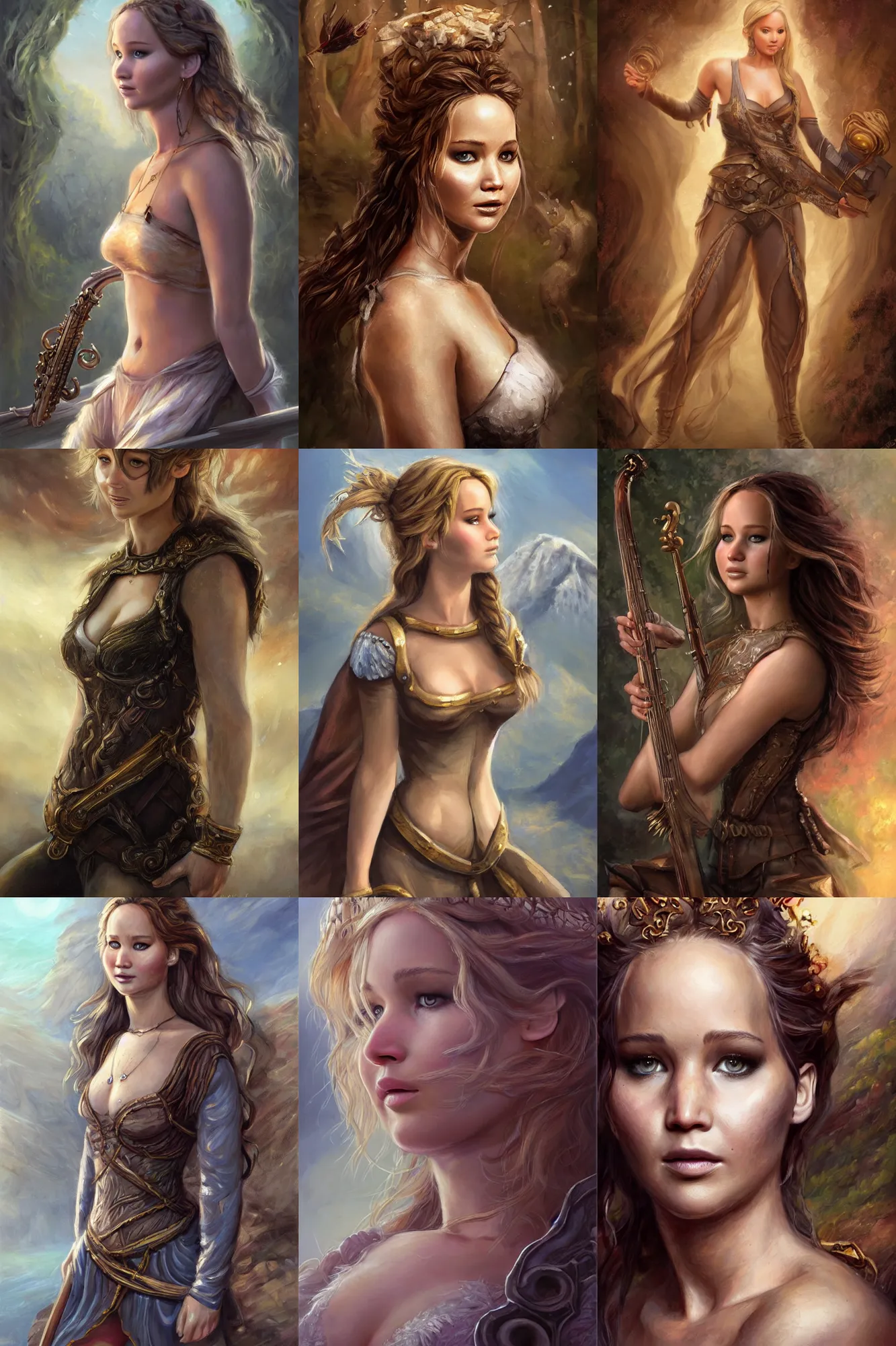 Prompt: a full body high detail fantasy portrait oil painting illustration of a single beautiful bard woman named jennifer lawrence by justin sweet and artgerm with face and body clearly visible, in a scenic background, pretty eyes, realistic proportions, d & d, rpg, forgotten realms, artstation trending, high quality, sombre mood, artstation trending, muted colours, entire person visible!