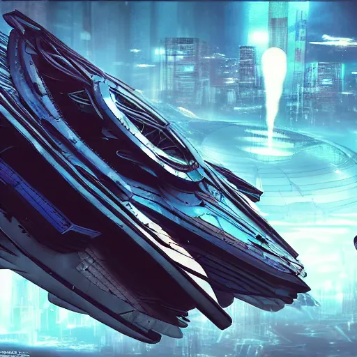 Image similar to gigantic spaceship in the sky, cyberpunk