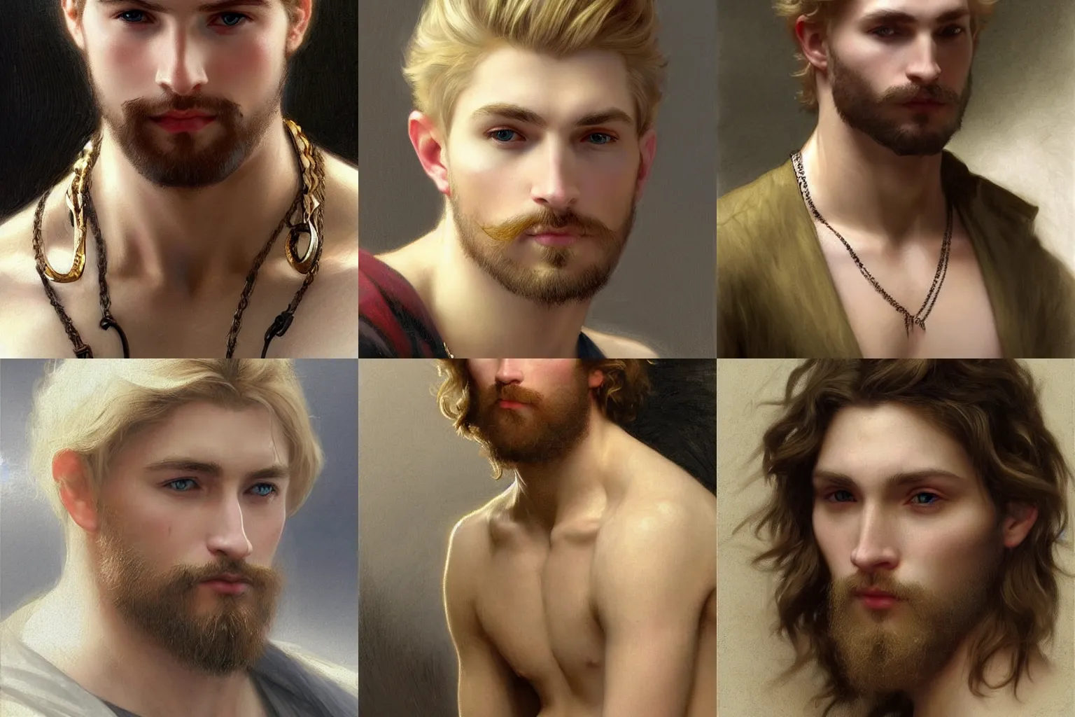 Prompt: a man with soft features choppy blond hair and several necklaces. Drawn by Bouguereau and Geoffroy Thoorens. Trending on Artstation.