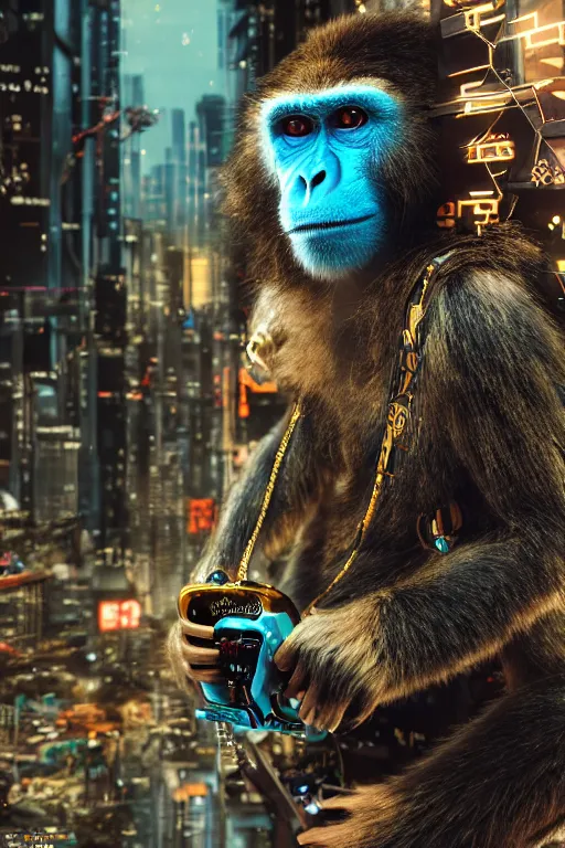 Image similar to Photography of ultra mega super hyper realistic detailed monkey in cyberpunk suit with many details by Hiromasa Ogura . Photo made from 30 meters distance on Leica Q2 Camera, Rendered in VRAY and DaVinci Resolve and MAXWELL and LUMION 3D, Volumetric cyan gold natural light